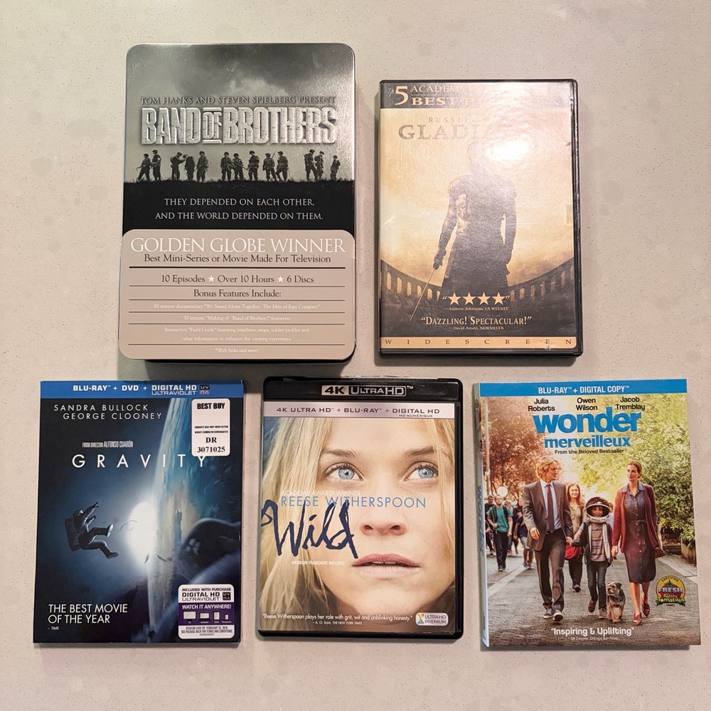 3/$30 Movie Lot- Band of Brothers, Gladiator,Gravity,Wild,Wonder DVDs + Blu-Ray